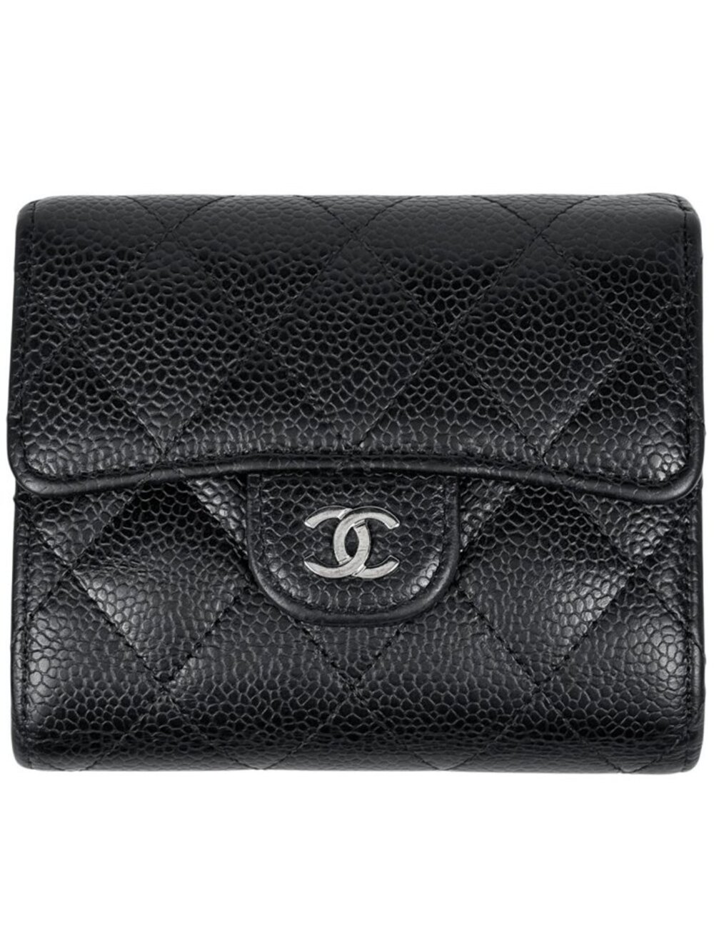 Chanel CC Logo Trifold Wallet Quilted Caviar Leather Black